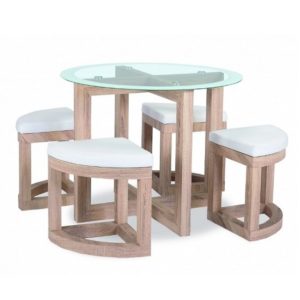 Qamra Glass Dining Table Set With 4 Stools In Beech Effect