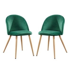 Vinos Green Velvet Dining Chairs With Oak Metal Legs In Pair