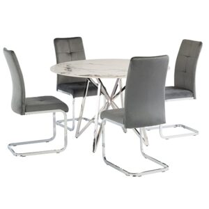 Jadzia 120cm White Marble Dining Table 4 Flotin Grey Chairs