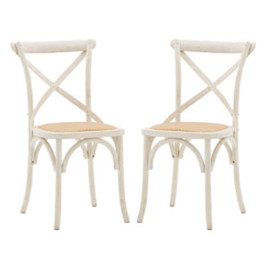 Caria White Wooden Dining Chairs With Rattan Seat In A Pair