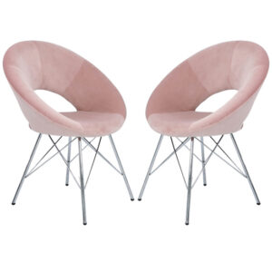 Orem Pink Velvet Dining Chairs With Chrome Metal Legs In Pair
