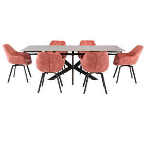Sylvie Extending Grey Marble Dining Table 6 Viha Pink Chairs