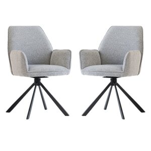 Harris Swivel Grey Boucle Fabric Dining Chairs In Pair
