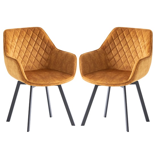 Viha Swivel Antique Gold Velvet Dining Chairs In Pair