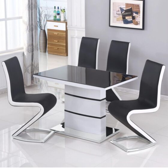 Aelia Black Glass Top Dining Table 4 Chairs With White Gloss Base