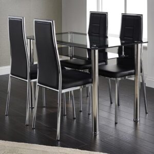 Anaheim Black Clear Glass Dining Table 4 Chairs With Chrome Legs