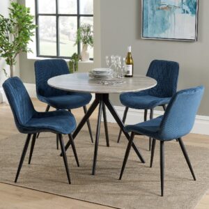 Arta Round Grey Wooden Dining Table 4 Blue Diamond Chairs