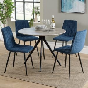 Arta Round Grey Wooden Dining Table 4 Blue Straight Chairs