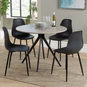 Arta Round Grey Wooden Dining Table 4 Duo Plastic Black Chairs