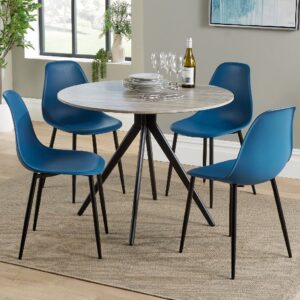 Arta Round Grey Wooden Dining Table 4 Duo Plastic Blue Chairs