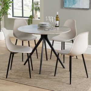 Arta Round Grey Wooden Dining Table 4 Duo Plastic Calico Chairs