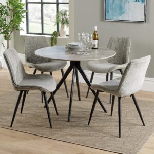 Arta Round Grey Wooden Dining Table 4 Light Grey Diamond Chairs