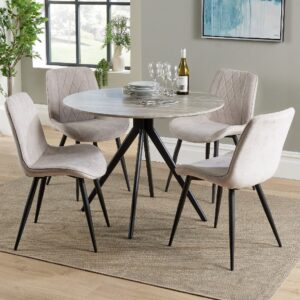 Arta Round Grey Wooden Dining Table 4 Natural Diamond Chairs