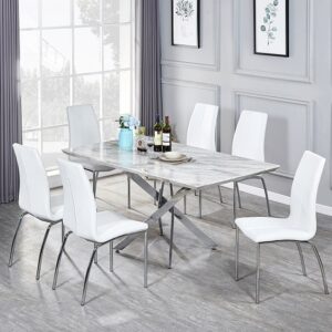 Deltino Magnesia Marble Effect Dining Table 6 Opal White Chairs