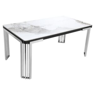 Davos White Sintered Stone Dining Table With Silver Frame