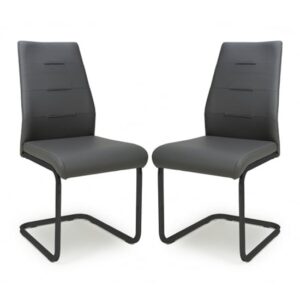 Carlton Dark Grey Leather Dining Chairs With Black Legs In Pair