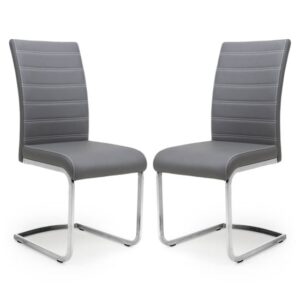 Conary Grey Leather Dining Chairs With Chrome Legs In Pair