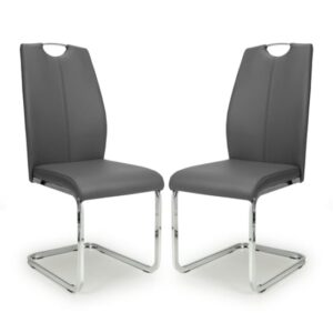 Towson Grey Leather Dining Chairs With Chrome Base In Pair