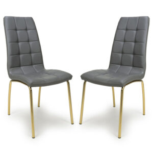 Justin Grey Faux Leather Dining Chairs With Gold Legs In Pair