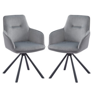 Amherst Grey Velvet Swivel Dining Chairs With Black Legs In Pair