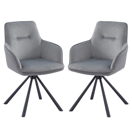 Amherst Grey Velvet Swivel Dining Chairs With Black Legs In Pair