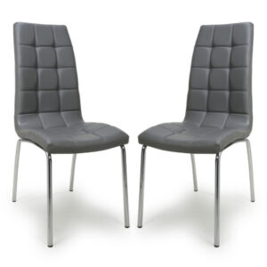 Justin Grey Faux Leather Dining Chairs With Chrome Legs In Pair